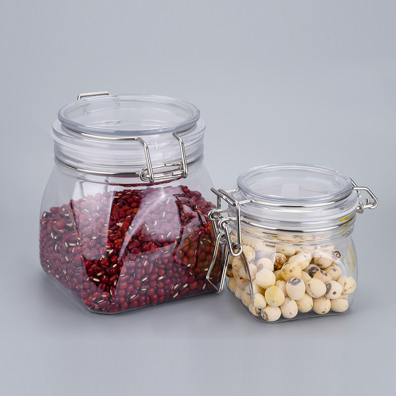 Food Grade Keuken Doorzichtige Opslag Huisdier Plastic Unieke Koekje Lege Verzegelde Honing Jam Clip Top Potten Met Metalen Clip Deksel Mason Jars