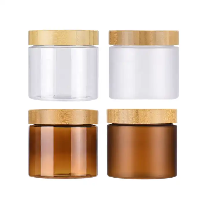 Pot de cr&egrave;me cosm&eacute;tique de beurre corporel en plastique pour animaux de compagnie avec couvercle en bambou