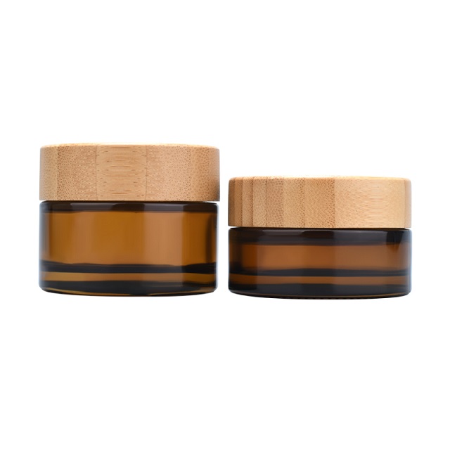 Sıcak satış kozmetik y&uuml;z kremi kabı 5ml 15ml 30ml 50ml 100ml amber buzlu cam kavanoz bambu ahşap kapaklı
