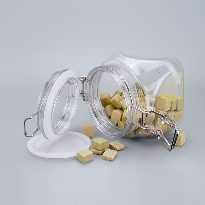 Food Grade Keuken Doorzichtige Opslag Huisdier Plastic Unieke Koekje Lege Verzegelde Honing Jam Clip Top Potten Met Metalen Clip Deksel Mason Jars