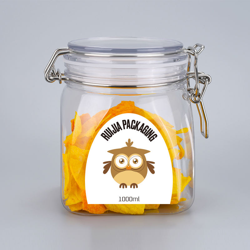 Food Grade Keuken Doorzichtige Opslag Huisdier Plastic Unieke Koekje Lege Verzegelde Honing Jam Clip Top Potten Met Metalen Clip Deksel Mason Jars