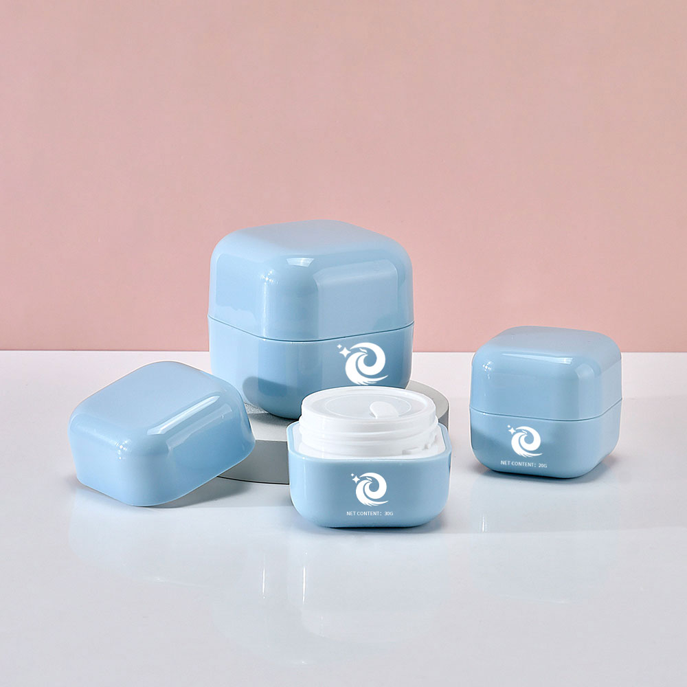 Tarro cosm&eacute;tico de la crema de la loci&oacute;n de la cara del ojo p&uacute;rpura blanco azul del cuadrado del paquete cosm&eacute;tico 20g 30g 50g del cuidado de piel