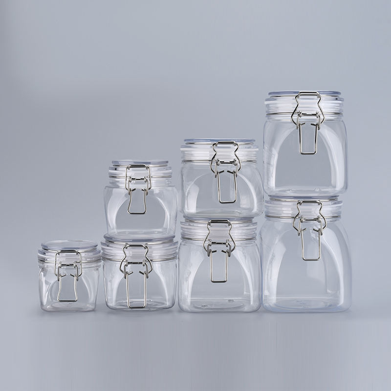 Food Grade Keuken Doorzichtige Opslag Huisdier Plastic Unieke Koekje Lege Verzegelde Honing Jam Clip Top Potten Met Metalen Clip Deksel Mason Jars